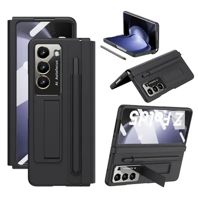 Obrázek produktu pro Kožené pouzdro na Samsung Galaxy Z Fold 5 s koženým pantem, ochranou displeje, stojánkem a držákem na stylus černé
