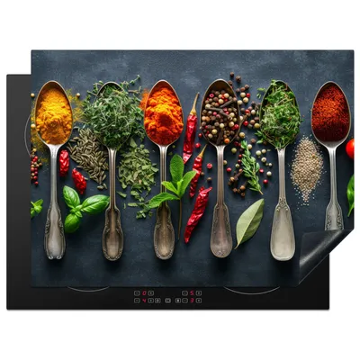 Produktbild von KitchenYeah© Herdabdeckplatte Gewürze - Löffel - Kräuter , 71x52cm, Küche Deko, Glaskeramikkochfeld Herdabdeckung, Abdeckplatte fùr Kochfeld