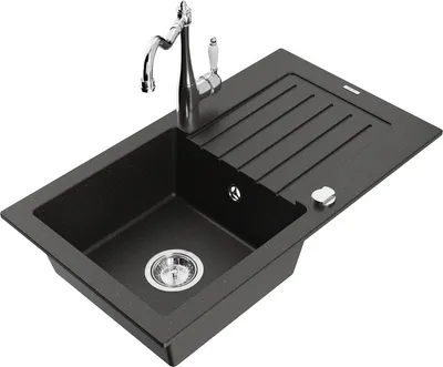 Produktbild von Mexen Pablo 1 Becken-Granitspüle mit Abtropffläche und Mischbatterie Carla, Schwarz/Gold metallisch - 6510-75-670700-00