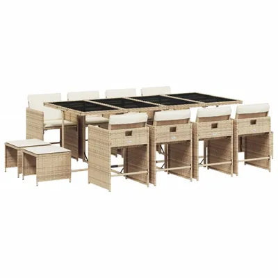 Produktbild von 13-tlg. Garten-Essgruppe mit Kissen Beige Poly Rattan