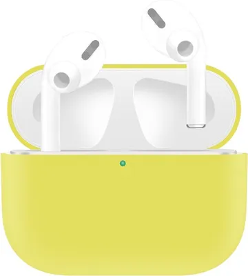 A pair of white wireless earbuds with a yellow charging case.
