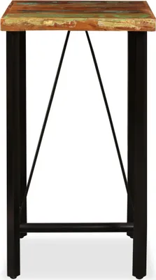 A bar table with a reclaimed wood top and black metal legs, shown against a white background.