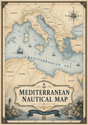 Immagine prodotto di Poster vintage formato DIN A2 – Mappa nautica del Mediterraneo, mappa decorativa del Mar Mediterraneo, stampata su carta Ilford opaca