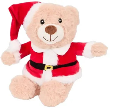 A plush teddy bear dressed as Santa Claus, sitting against a white background.