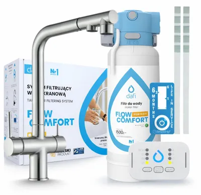 Image de Robinet de cuisine Ari 3 voies, modèle Venom, en acier inoxydable, avec douchette extractible. Livré avec le système de filtration d'eau Dafi D1, à installer sous l'évier