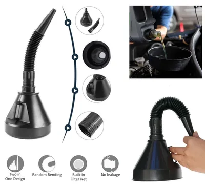 Produktbild von Schwarzer Kunststofftrichter mit flexiblem Schlauch für Benzin, Öl und Wasser, mit eingebautem Filter, 36 cm