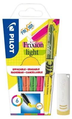 Produktbild von Pilot 4136S6 Textmarker FriXion Light, 6 Stück, pink/gelb/grün/blau/violett/orange mit Radierer – Größe 6 stück (1er Pack), sortiert