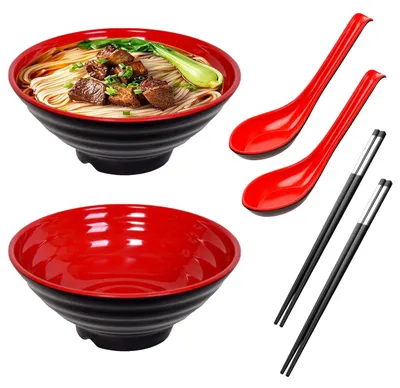 Image de Ensemble de 2 bols japonais pour ramen, avec cuillères et baguettes