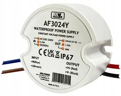 Imagen del producto de AF3024Y: Fuente de alimentación LED redonda, 30W, 24V/1.25A, grado de protección IP67