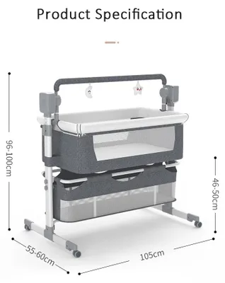 Immagine prodotto di Culla per neonati - Lettino aggiungibile - Elettrico 3-in-1 - 5 velocità - Altezza regolabile - Per il co-sleeping - Con rotelle - Grigio