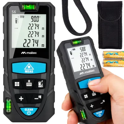A collage of a digital laser distance measurer, its accessories, and a hand holding it.