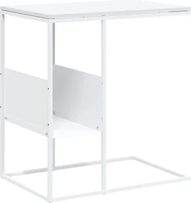 A white side table with shelves against a white background.