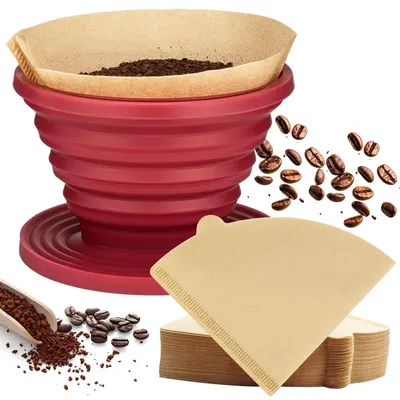 Faltbarer Silikon-Kaffeefilterhalter mit 40 Papierfiltern, rot