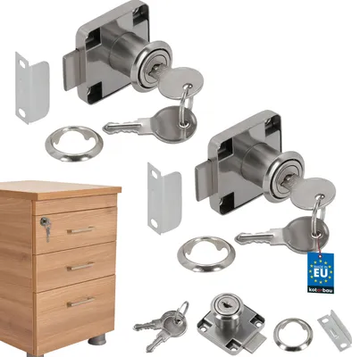 A product shot featuring two cabinet locks with keys and a small wooden cabinet.