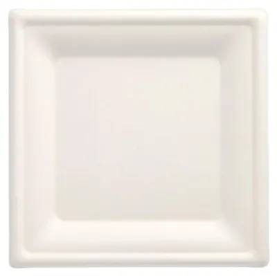 Produktbild von PAPSTAR Teller aus Zuckerrohr "pure" eckig, 20x20 cm, weiß | Schrumpffolie (12 Stück)