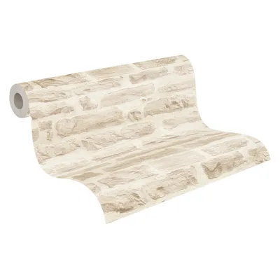 A roll of wallpaper with a stone brick pattern.