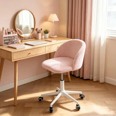 Produktbild von 1xKlein Schreibtischstuhl,Schminkstuhl aus Sherpa,Homeoffice Bürostuhl,Drehstuhl höhenverstellbar für Arbeitszimmer, Schlafzimmer bis 110kg Rosa