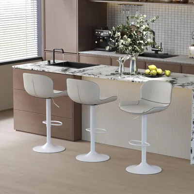 Image de Ensemble de 3 tabourets de bar, réglables en hauteur, en similicuir blanc, avec dossier, pivotants à 360°