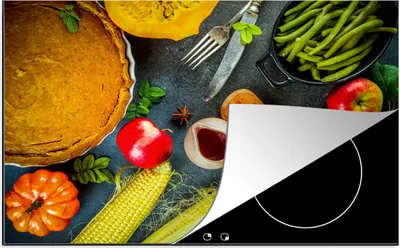 Produktbild von KitchenYeah© Herdabdeckplatte Gemüse - Gewürze - Besteck - Kuchen , 81x52cm, Küche Deko, Glaskeramikkochfeld Herdabdeckung, Abdeckplatte fùr Kochfeld
