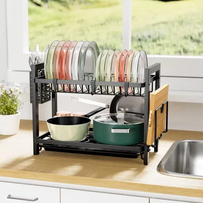 Produktbild von Ablaufgestell Schwarz (43,5 x 24,5 x 34,5), 2-lagiges Ablaufgestell aus Edelstahl mit Besteckhalter und Auffangschale