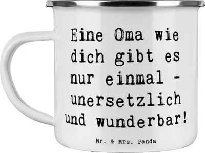 Produktbild von Mr. & Mrs. Panda Tasse Emaille Spruch Einzigartige Oma - Weiß - Geschenk, Freundschaft, Familie, Danke sagen, Reisebecher, Aufmerksamkeit, liebevoll, einzigartig, becher