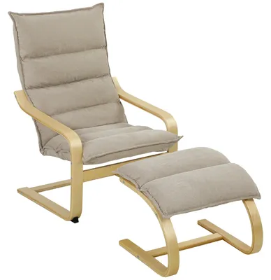 Produktbild von Sessel mit Fußhocker - Schaukelstuhl - Hohe Rückenlehne - Gepolsterter Leinenbezug - Holzarmlehnen und Beine - Beige