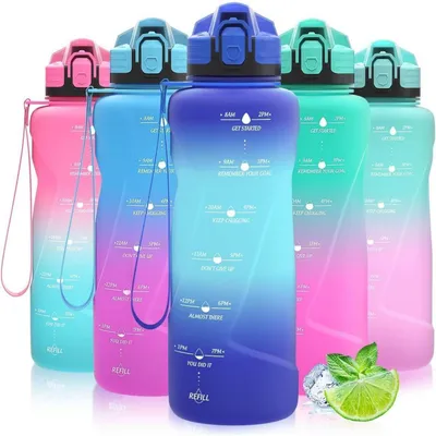 Produktbild von Sport Trinkflasche 1500 ml Auslaufsicher mit Zeitmarkierung BPA Frei Tritan Dunkelblau-Hellblau