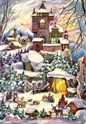 A festive winter scene with a castle, houses, and people celebrating Christmas.