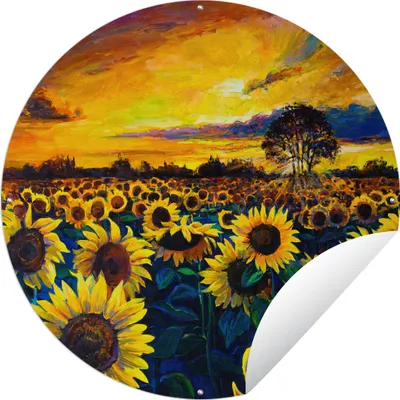 Produktbild von MuchoWow® Gartenposter Outdoor-Poster Rund Gemälde - Ölfarbe - Blumen - Sonnenblume Ø 90 cm Gartendeko Rundes Poster draußen