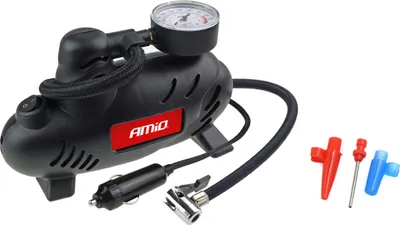 A black 12V car tire inflator with a pressure gauge and accessories, shown on a white background.