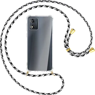 Produktbild von Handykette Backcover-Schutzhülle mit Band (Metall goldfarben) für Motorola Moto E13 (6.5'') - schwarz/grau/weiß