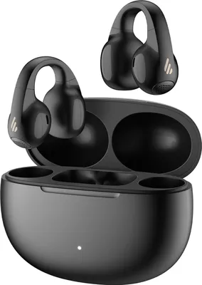 A pair of black wireless earbuds with their charging case.