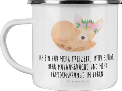 Produktbild von Mr. & Mrs. Panda Teetasse Wüstenfuchs Blumen - Weiß - Geschenk, Pott, Afrika, Emaille Becher, Teebecher, Blumenkranz, Wüste, Tasse, Glücklich
