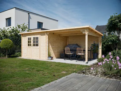 Produktbild von Gartenhaus Blockbohlenhaus CA2977 28 mm naturbelassen mit 3 m Anbau