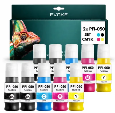 Obrázok produktu pre Kompatibilné atramenty Evoke pre tlačiarne Canon PFI-050 PFI050 XXL, balenie 10 ks: 4 čierne, 2 azúrové, 2 purpurové, 2 žlté, objem 700 ml, výtlačnosť až 65 000 strán, pre modely imagePROGRAF TC-20, TC-20M