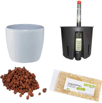 A collage of items for planting, including a white pot, a self-watering planter, expanded clay aggregate, and fertilizer.
