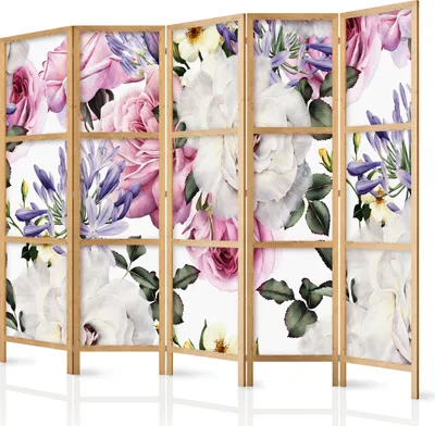 Produktbild von Paravent XXL Blumen Garten 225x171 cm - 5-teilig - einseitig - eleganter Sichtschutz - Raumteiler - Trennwand - Raumtrenner - Holz - Design Motiv - Deko - Japan b-B-0379-z-c