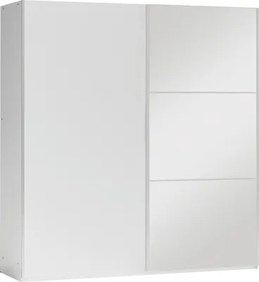 A white wardrobe with sliding doors, one of which has a mirror.
