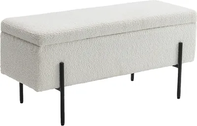 A white bouclé storage bench with black metal legs, shown from a front-side angle against a white background.