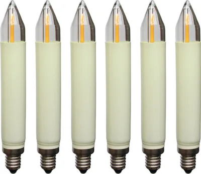 Six LED filament candle bulbs are arranged in a row against a white background.