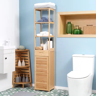 Produktbild von SUGIFT Standregal mit Schublade Lamellentür, Badezimmerregal Hochschrank Bambus, Bambus Naturholz | 15 kg | 3 offene Fächer | 32 x 30 x 163 cm