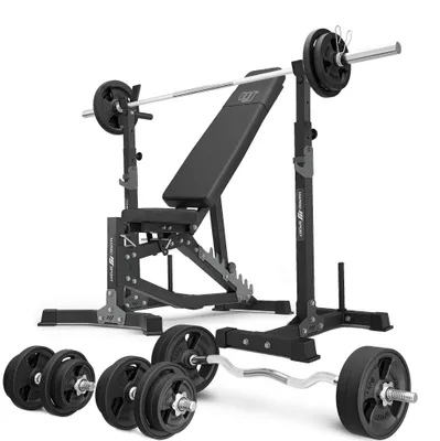 Produktbild von Marbo Sport - Set MS30_2.0_113KG_G | Doppelseitig verstellbare Hantelbank + Hantelablage (2 Stück) mit Sicherung + Stangen- und Hantelscheiben gummiert Set 113 kg
