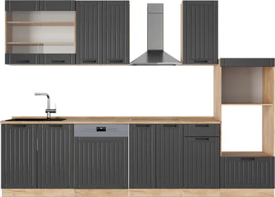 Image de Cuisine Vicco Fame-Line Gris foncé 300cm avec armoire haute, PT Chêne, Model 57132