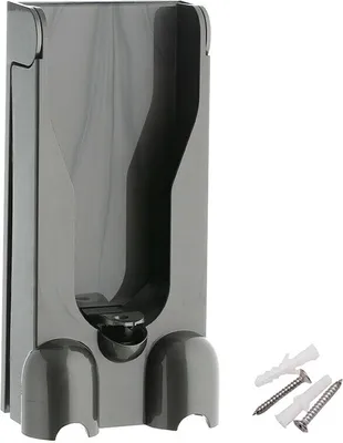 A gray plastic wall mount for a vacuum cleaner accessory, shown with screws and wall plugs.