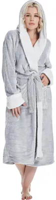 Produktbild von Damen-Langer Bademantel mit Kapuze Premium Bademantel Home Weich Grau L