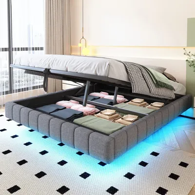 Produktbild von Odikalo Stauraumbett Polsterbett Hydraulisch Schwebebett LED Leinen Beige 160*200 cm