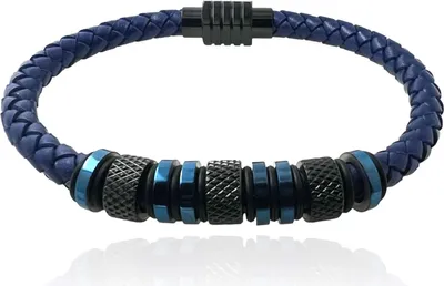 Produktbild von MARTIN1985 Blaues Kunstleder Armband geflochten Uni Damen Herren mit magnetischem Edelstahlverschluss schwarz Geschenkverpackung