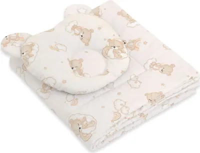 Produktbild von Teddybär-Bettdecke mit Füllung und Konturkissen - 2-teiliges Set - beigefarbener Teddybär mit Regenbogen