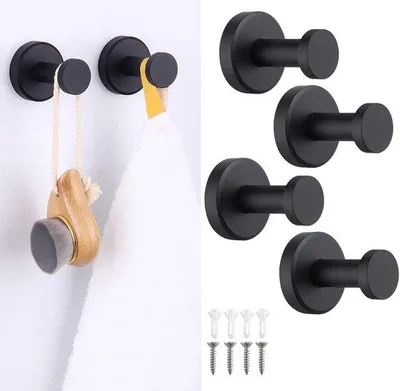 Imagen del producto de Uniqoos®: Juego de 4 ganchos de pared de acero inoxidable, color mate. Se fijan con tornillos, soportan hasta 20 kg por gancho, ideales para baño, cocina y pasillo