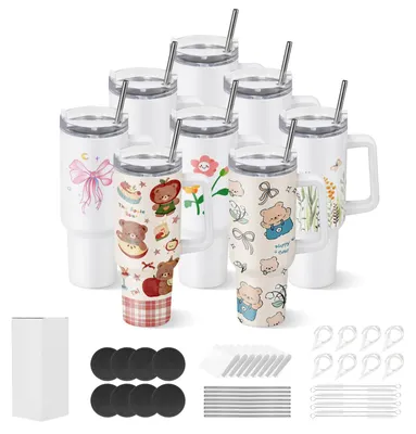 Obrázek produktu pro VEVOR sublimační hrnky, 8 ks (1183 ml), sublimační hrnky z nerezové oceli s víčky, brčkem a držadlem, dvojité stěny, izolované sublimační hrnky pro individuální DIY design dárků